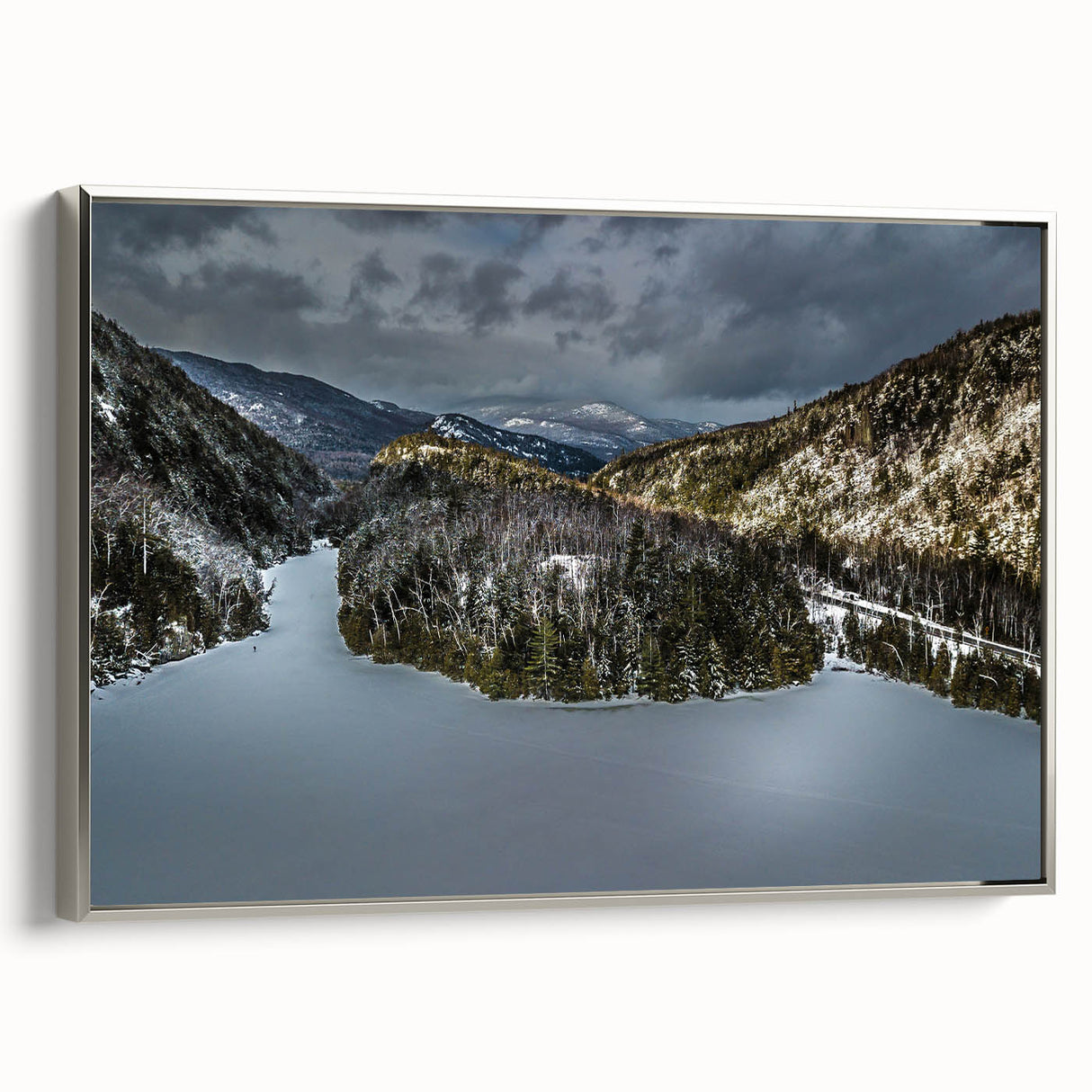 Landscape art painting of Adirondacks with colorful foliage on framed canvas, ideal for living room decor.