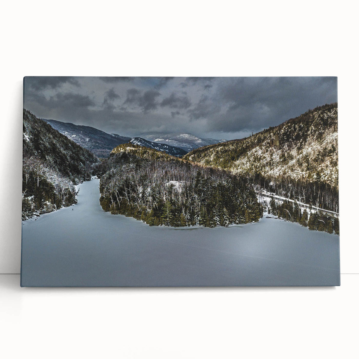 Black and white photograph of Adirondack scenery on stretched canvas, suitable as kitchen wall art or bedroom decor.