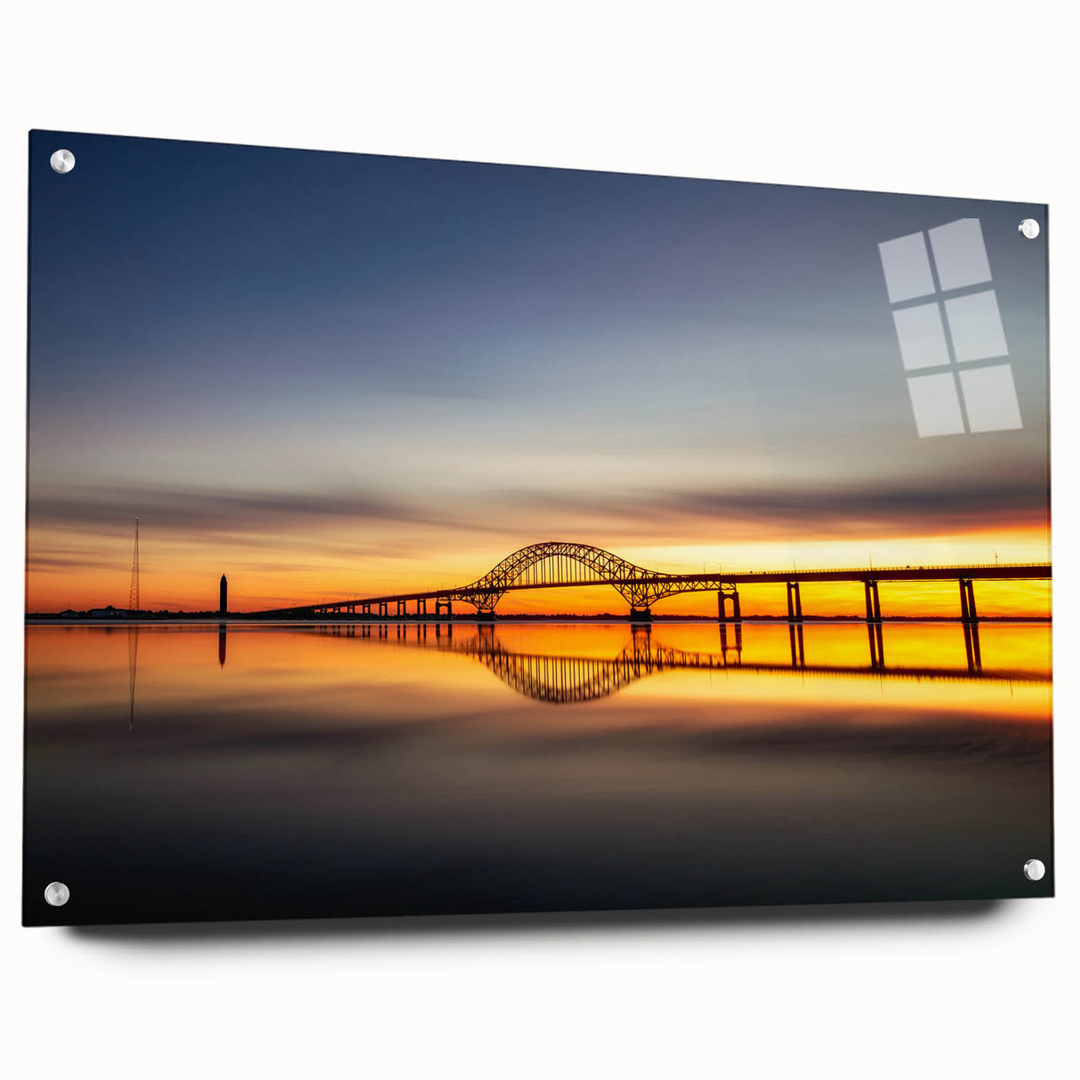 Acrylic print of a large abstract depiction of Long Island, NY, in muted blues and greens.