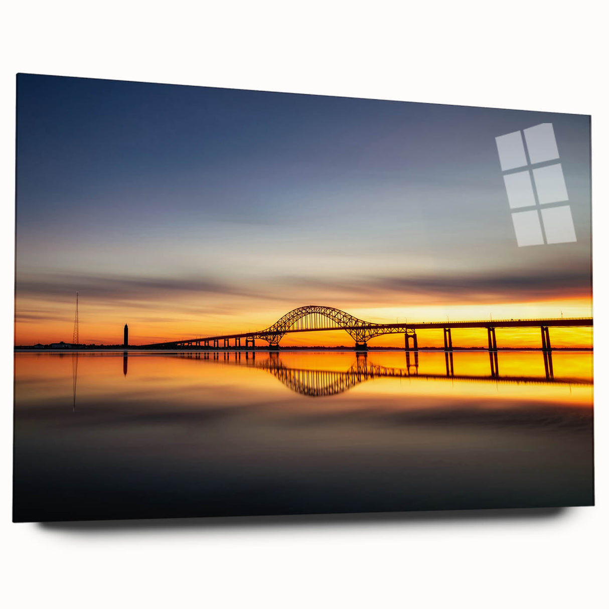 Large abstract wall art of Long Island scenery in muted blues and greens on acrylic glass.