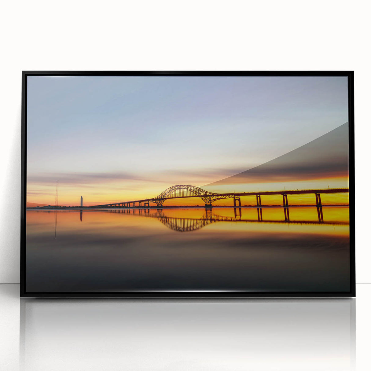 Large abstract wall art depicting vibrant hues of blue and orange, framed in black acrylic.
