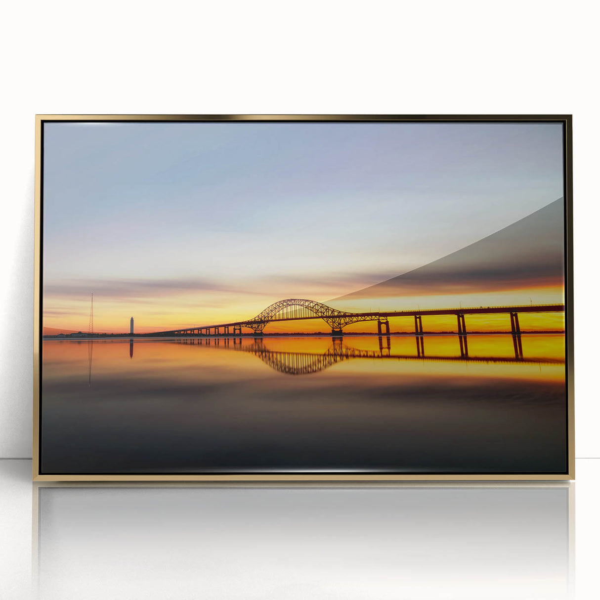 Framed acrylic print of a mid-century modernist Long Island scenery in muted gold and blue tones.