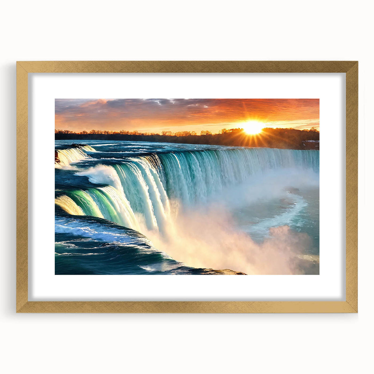 Extra large abstract art print of Niagara Falls in muted blue and white tones, framed in gold.