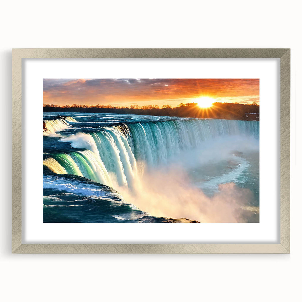 Textured art print of an abstract Niagara Falls in muted blue and grey tones on a framed canvas.