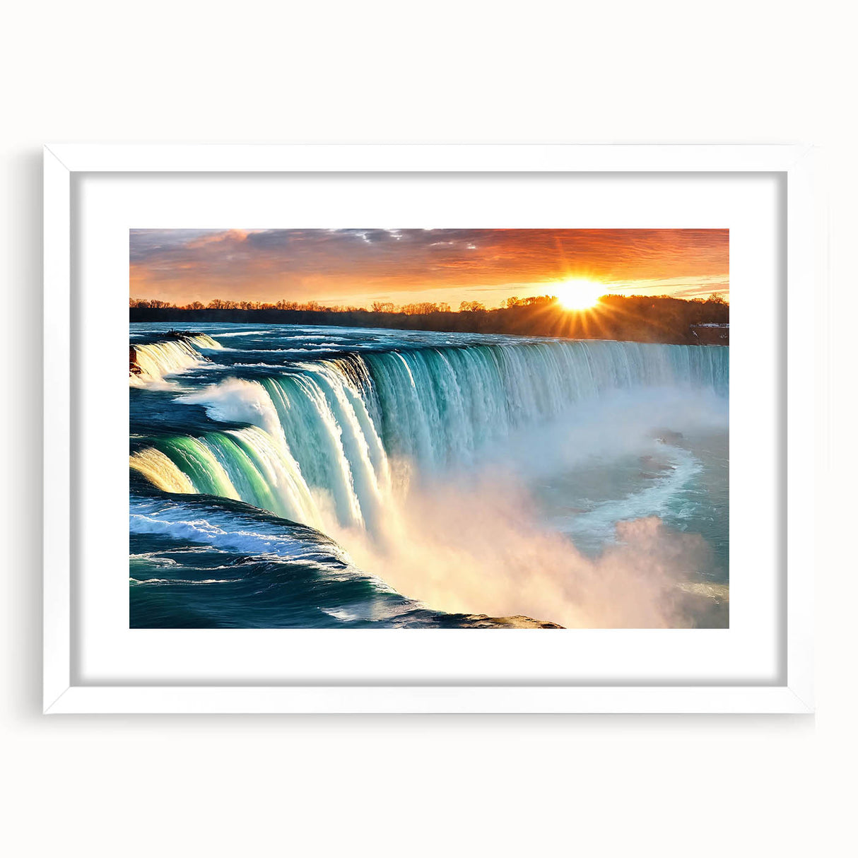 Abstract art print of Niagara Falls in muted blue and green hues on a framed white canvas.