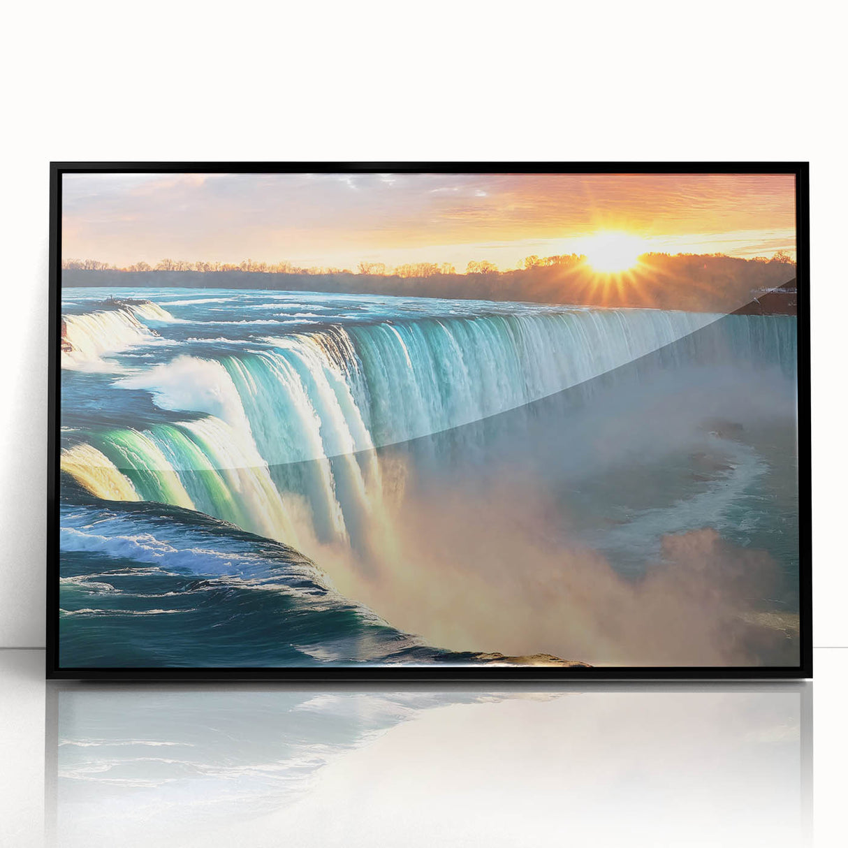 Large abstract wall art depicting Niagara Falls in muted blue and gray tones on a framed acrylic.