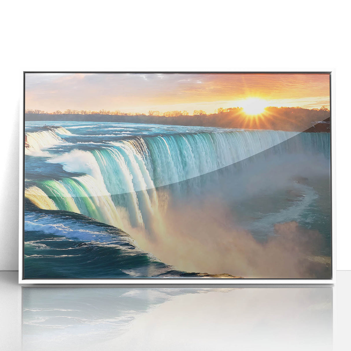 Acrylic print of Niagara Falls in art deco style with a white frame, suited for modern nursery decor.