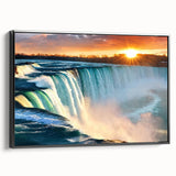 Black and white framed canvas depicting the Niagara Falls, ideal for bedroom wall art in a vintage poster style.