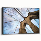 Black and white wall art featuring the Brooklyn Bridge, in a vintage poster style on framed canvas.