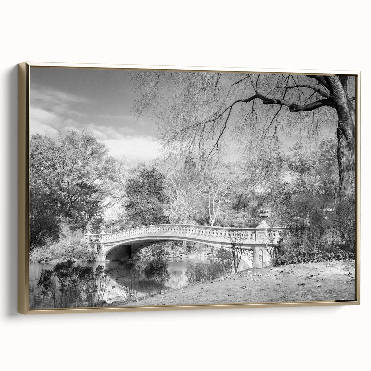 Framed canvas of Central Park landscape in muted greens and golds, vintage poster style, ideal for bedroom wall art.