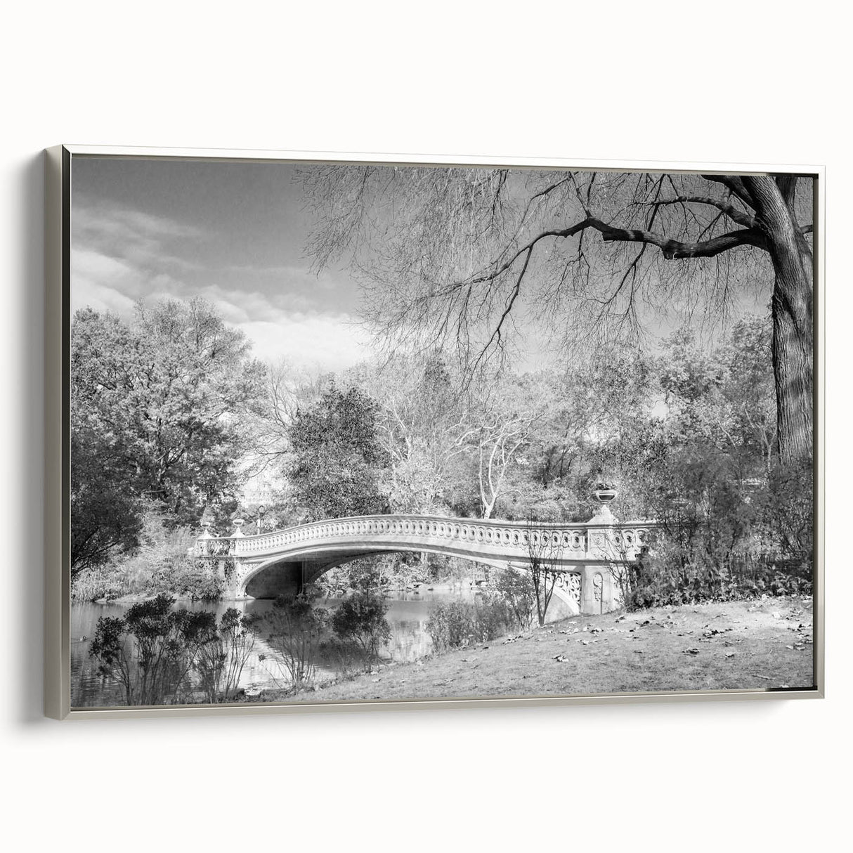 Framed canvas of a vintage-style Central Park landscape painting in muted green and brown tones, ideal for living room decor.