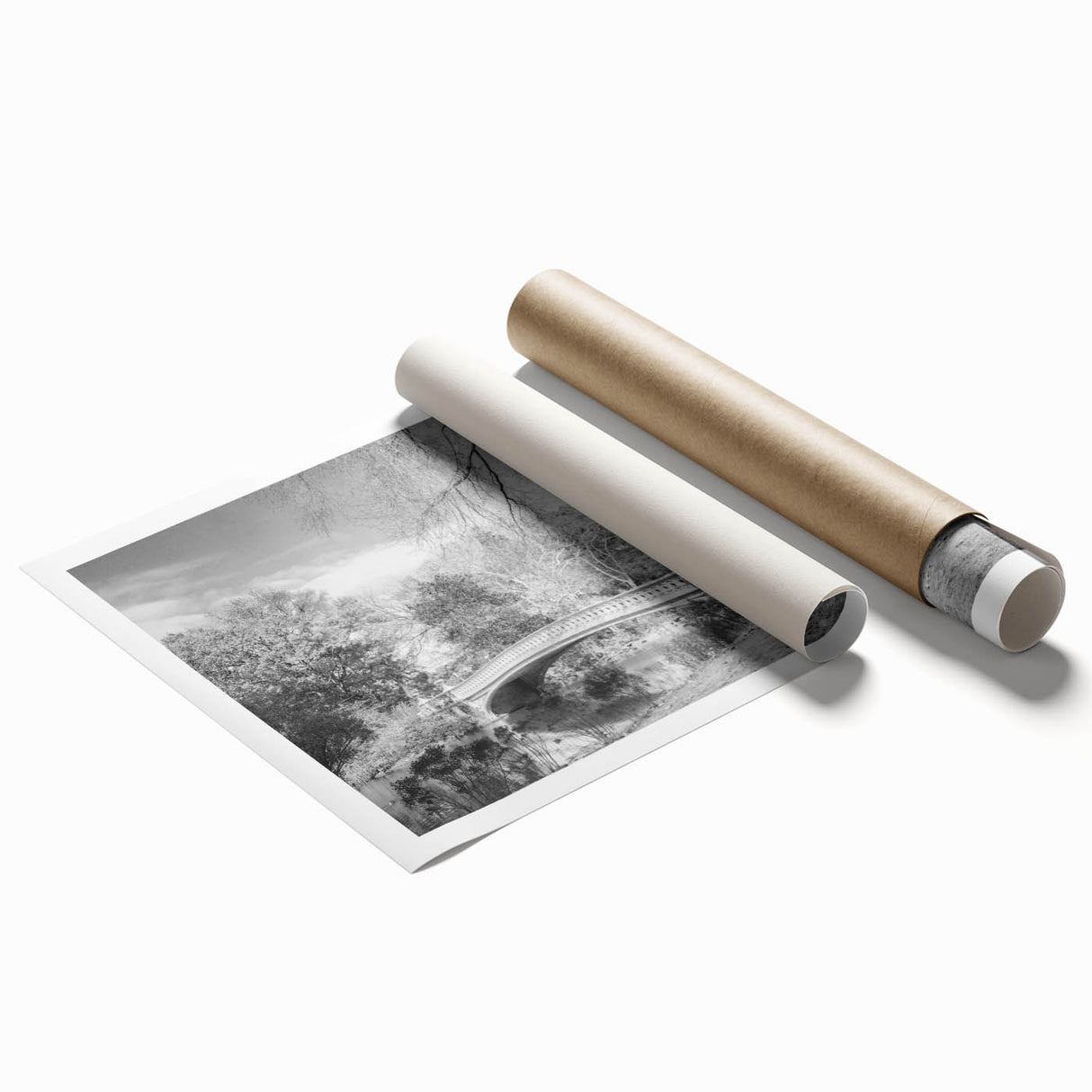 Extra large rolled print of Central Park with autumnal trees and a bridge, featuring earthy tones.