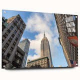Acrylic print of the NYC skyline in muted gray and blue tones, ideal for modern bedroom or dining room decor.