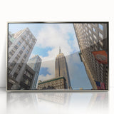 Mid-century modernist art of NYC Empire State building in muted silver tones on acrylic, ideal for modern art wall decor.