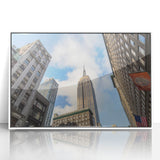 Art deco poster of the NYC Empire State Building in monochrome shades on white acrylic, ideal for modern art wall decor.