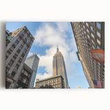 Black and white stretched canvas of the NYC Empire State Building, ideal for kitchen art.