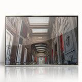 Mid-century modernist art of NYC Grand Central in muted gray and blue tones, acrylic print framed in silver.