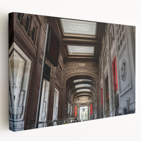 Grand Central Station depicted in muted gray tones on a large stretched canvas, ideal for kitchen wall decor.