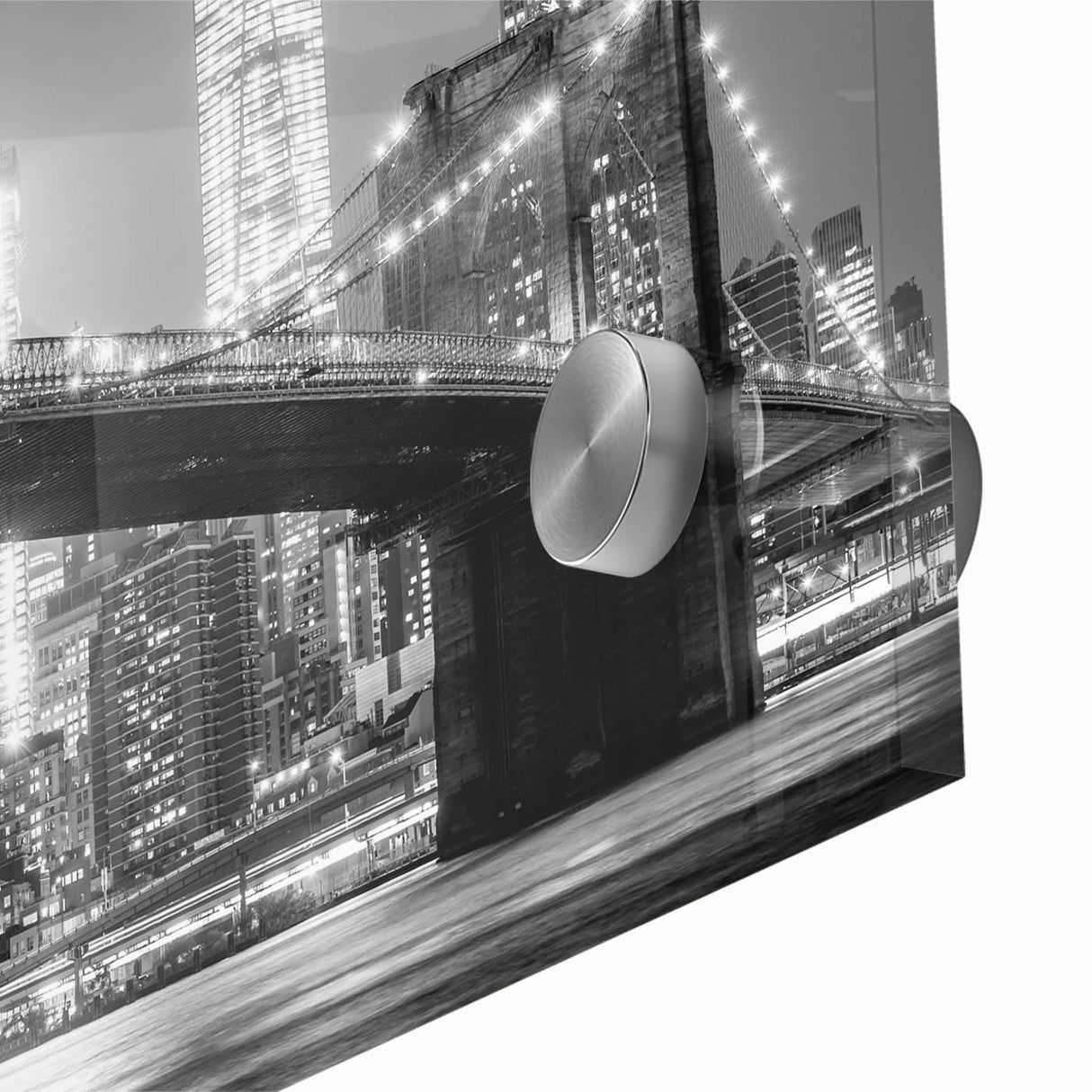 Acrylic print of Manhattan Bridge in muted gray tones, ideal for dining room art in a mid-century modernist style.