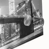 Acrylic print of Manhattan Bridge in muted gray tones, ideal for dining room art in a mid-century modernist style.