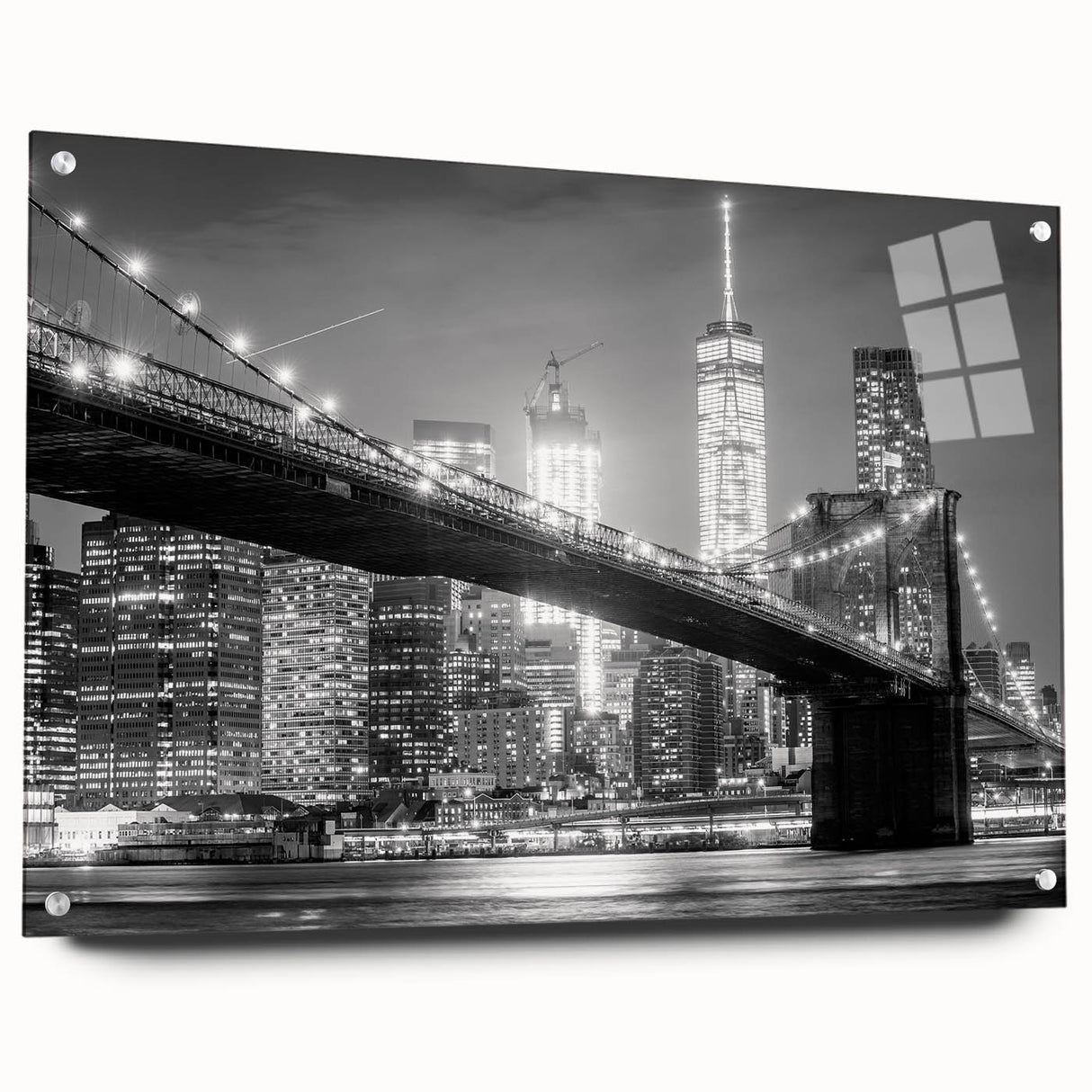 Acrylic print of Manhattan Bridge with a side view, featuring muted blue and gray tones.