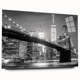 Acrylic print of the Manhattan Bridge in muted blue and gray tones, suitable for bedroom or dining room decor.