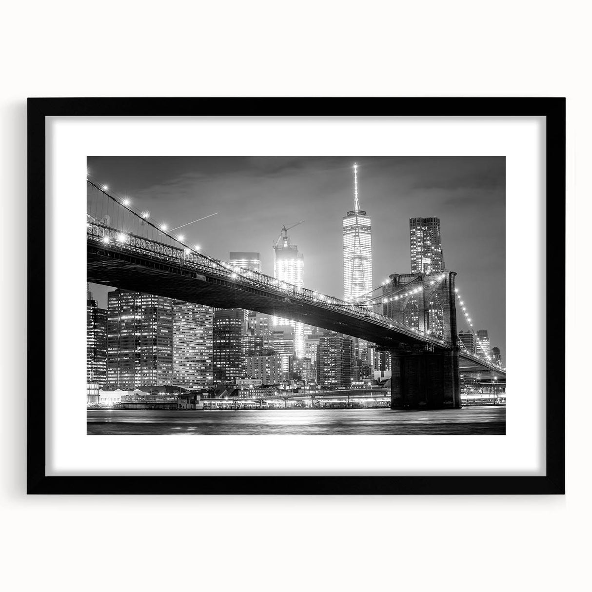 Extra large textured abstract print of Manhattan Bridge in colorful art style on a black framed canvas.