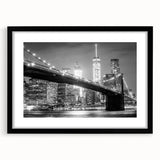 Extra large textured abstract print of Manhattan Bridge in colorful art style on a black framed canvas.