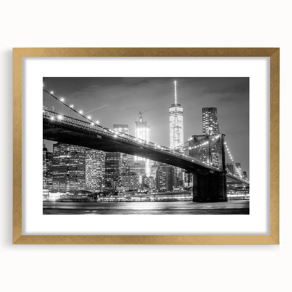 Extra large abstract art print of the Manhattan Bridge in muted gray tones on a gold-framed canvas.