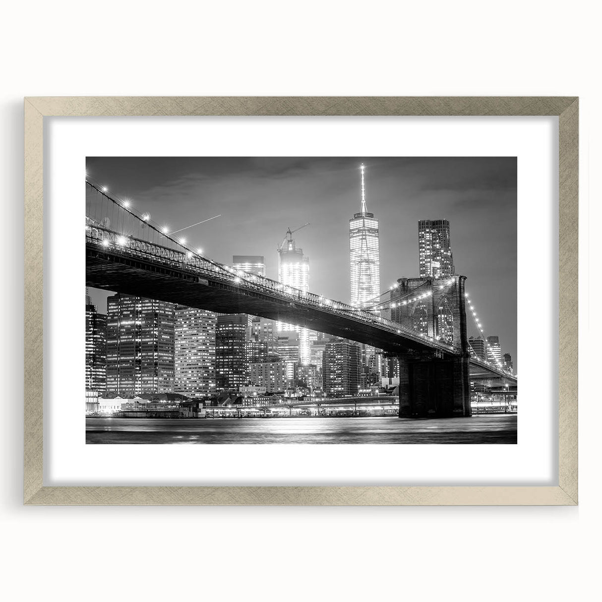 Textured art print of the Manhattan Bridge in muted gray tones on a framed silver mat, ideal for bedroom art.