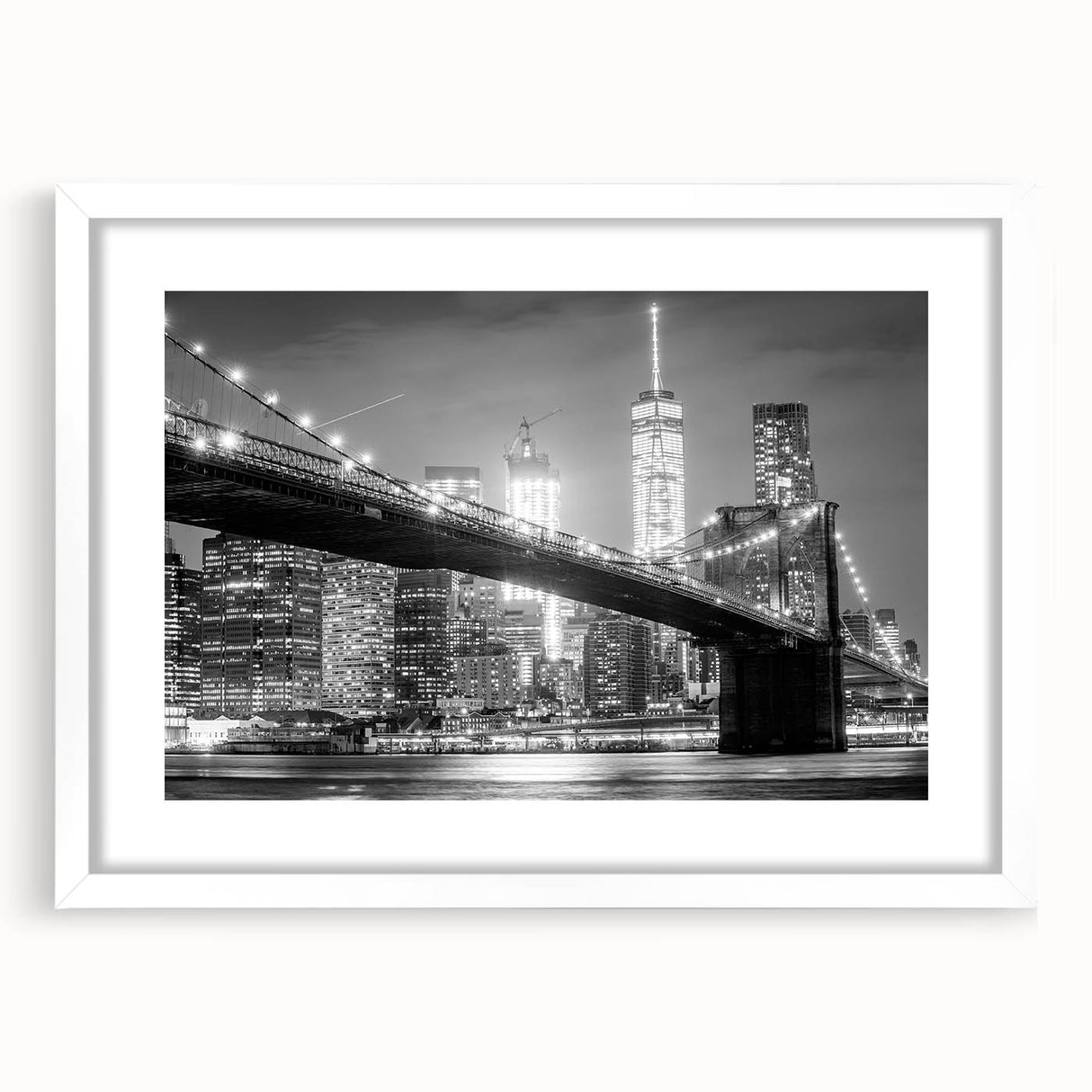 Abstract art print of the Manhattan Bridge in muted gray and blue tones on a framed poster, suitable for dining room decor.