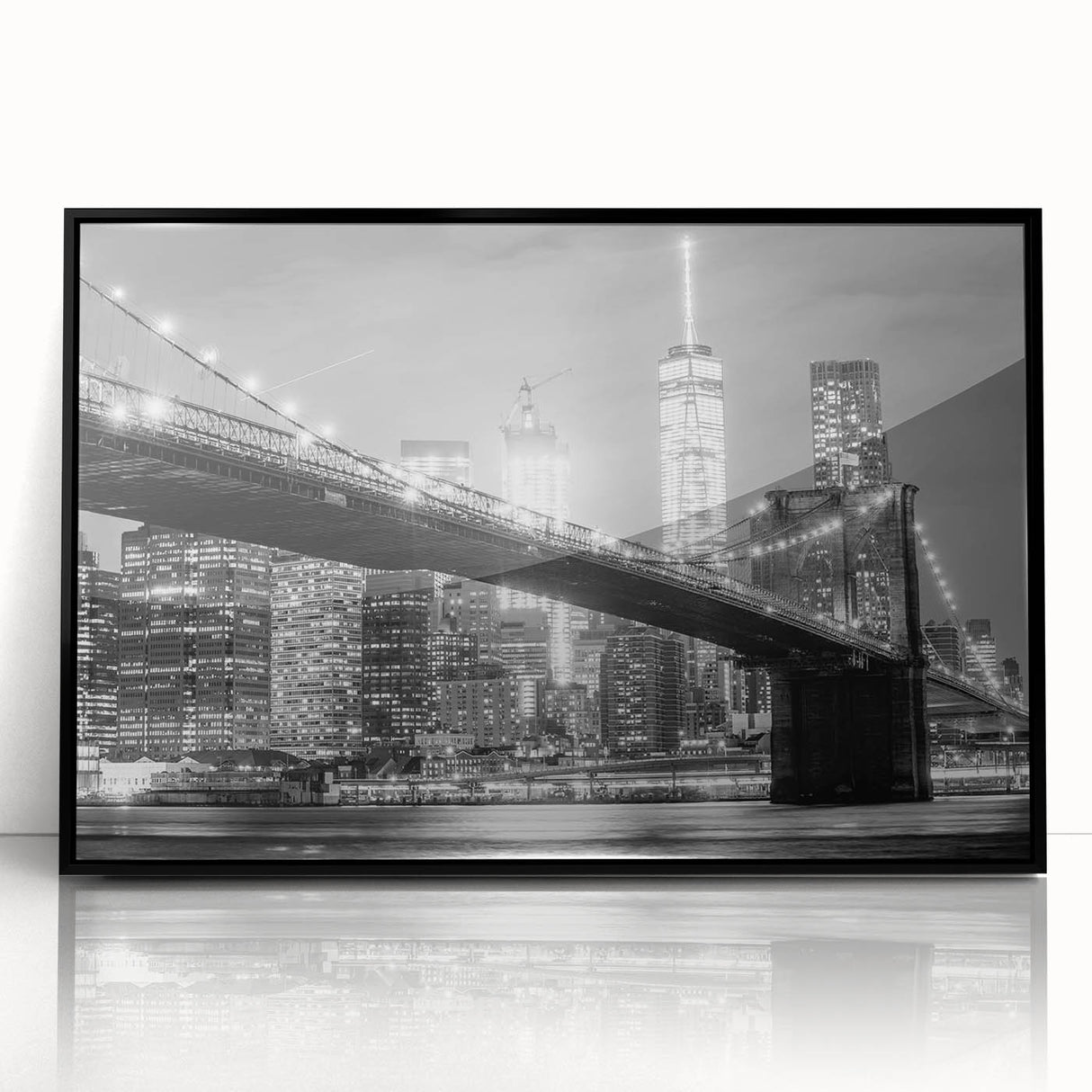 Large abstract wall art of the Manhattan Bridge in muted gray tones on a framed acrylic, ideal for modern living room decor.