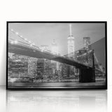 Large abstract wall art of the Manhattan Bridge in muted gray tones on a framed acrylic, ideal for modern living room decor.
