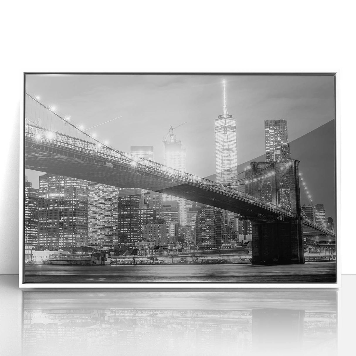 Acrylic print of the Manhattan Bridge in art deco style, with muted gray and blue tones, ideal for modern art wall decor.