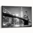 Black and white wall art featuring the Manhattan Bridge, in a vintage poster style on framed canvas.