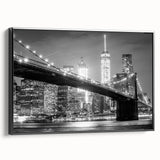 Black and white wall art featuring the Manhattan Bridge, in a vintage poster style on framed canvas.