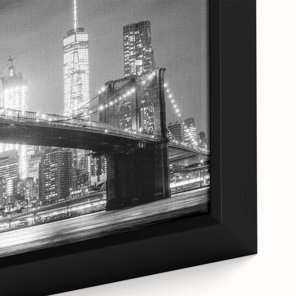 Extra large black wall art featuring a textured depiction of the Manhattan Bridge with colorful accents on a framed canvas.
