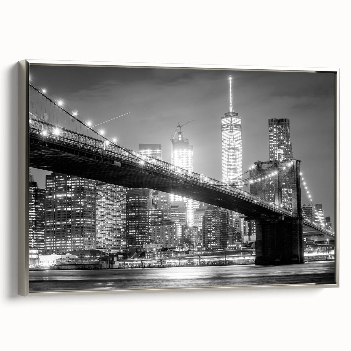Landscape art painting of Manhattan Bridge in a vintage poster style on framed canvas.