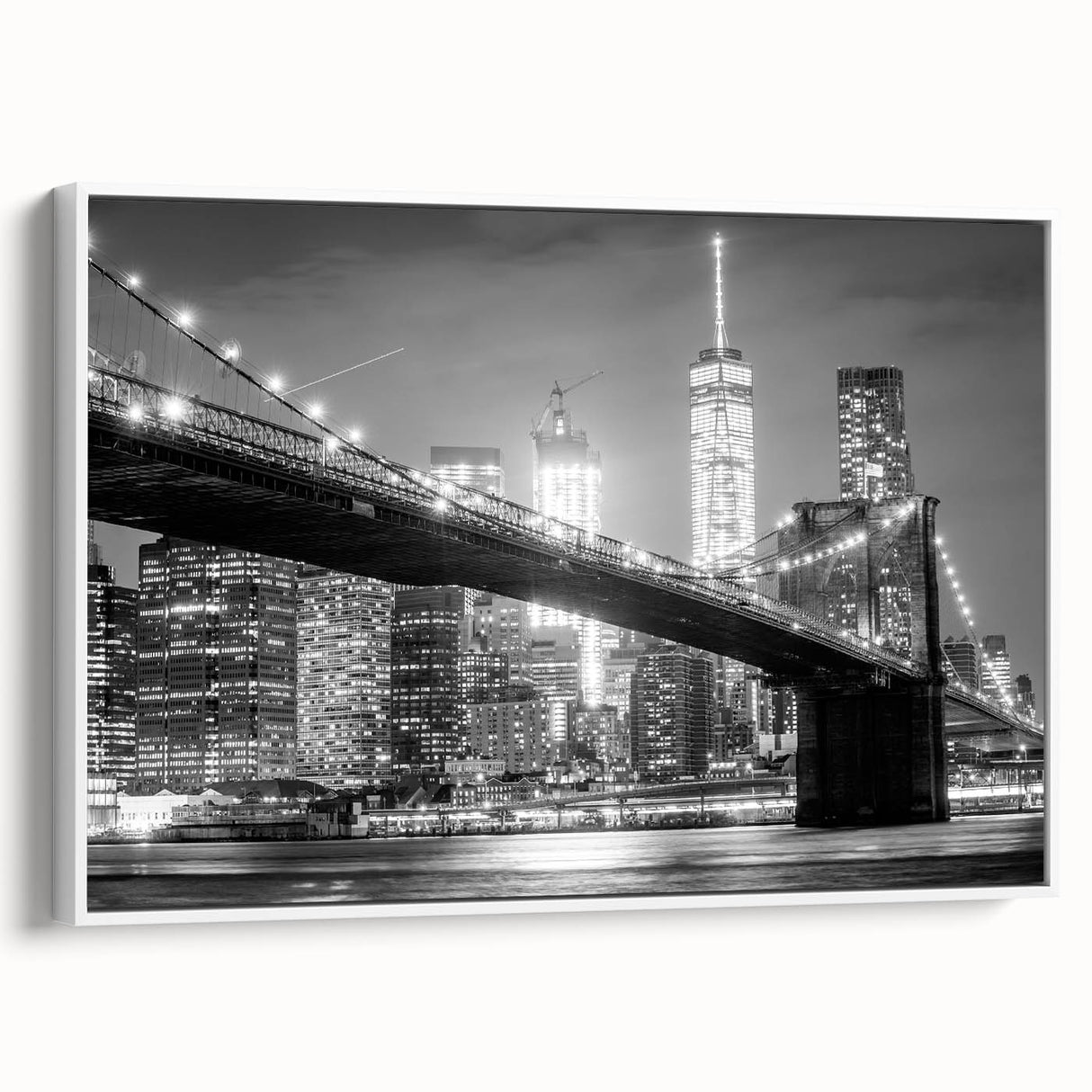 Vintage poster art of the Manhattan Bridge in black and white on framed canvas, ideal for living room decor.