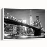 Vintage poster art of the Manhattan Bridge in black and white on framed canvas, ideal for living room decor.