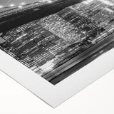 Art deco poster of the Manhattan Bridge in monochrome tones on rolled canvas, suitable for dining room decor.