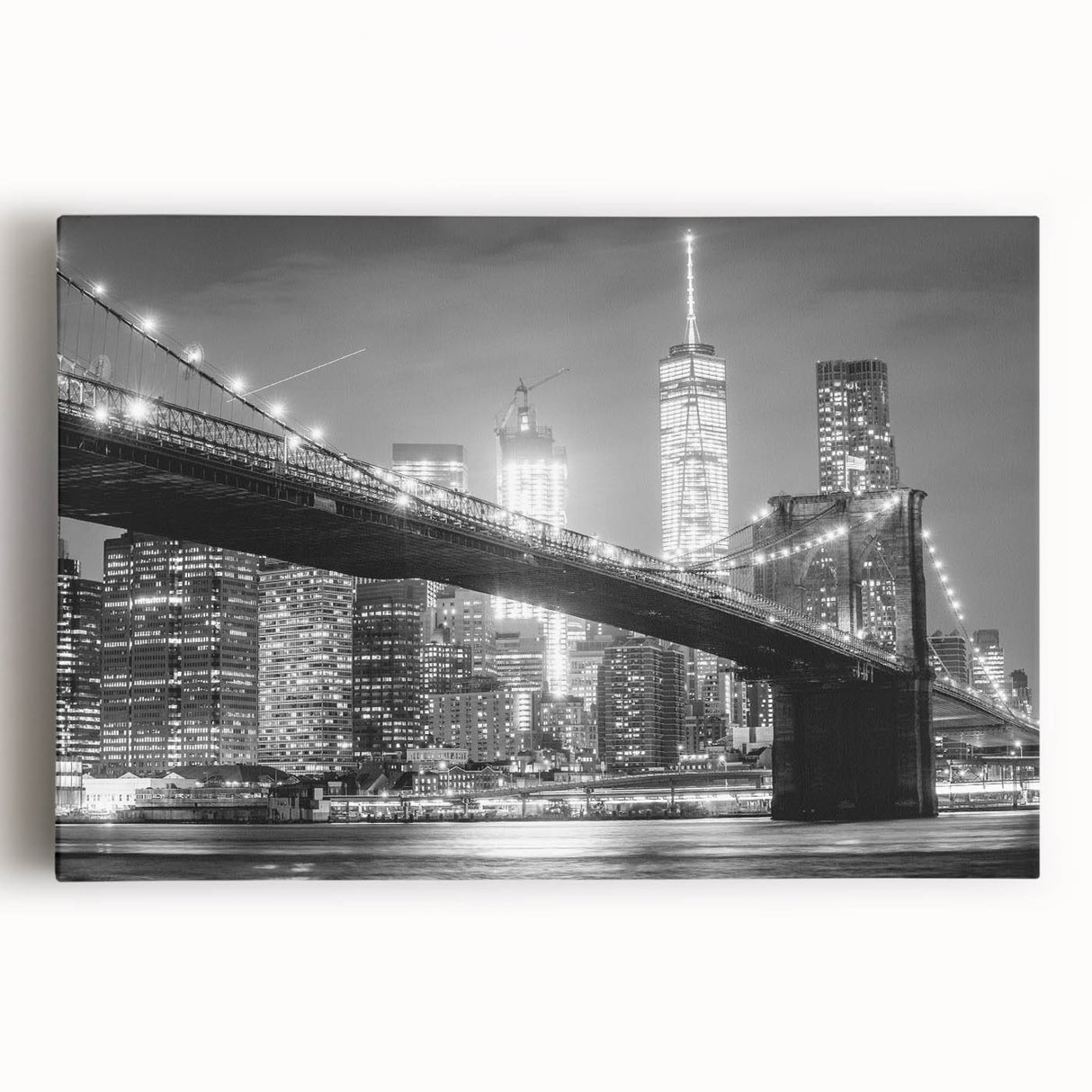 Black and white photo of Manhattan Bridge, large art on stretched canvas, ideal for kitchen wall art.