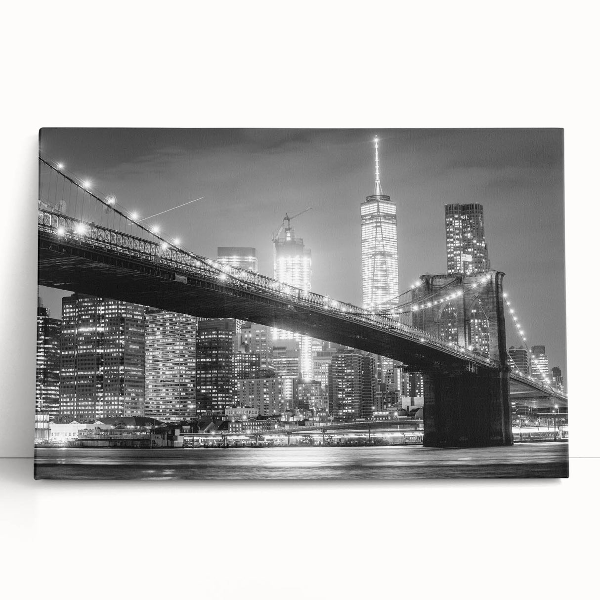 Black and white photo of Manhattan Bridge on stretched canvas, suited as kitchen wall art or bedroom decor.