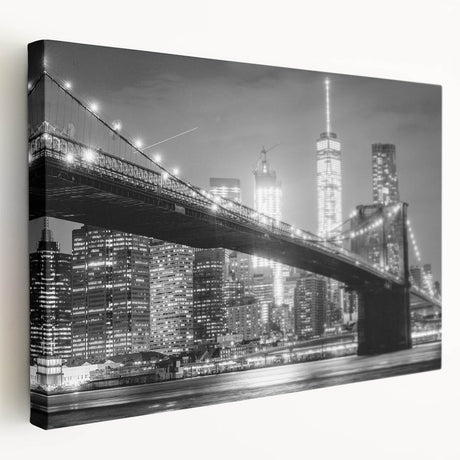 Manhattan Bridge in grayscale on stretched canvas, ideal for kitchen wall art.