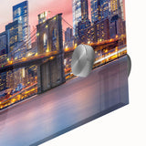 Large abstract depiction of Manhattan in muted gray and blue tones on acrylic glass, ideal for dining room art.