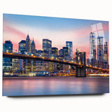 Acrylic print of a large abstract Manhattan skyline in muted gray and blue tones, ideal for bedroom or dining room art.