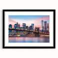 Extra large abstract art print of Manhattan skyline in vibrant colors on textured canvas, ideal for living room decor.