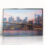 Mid-century modernist art depicting the Manhattan skyline in muted gray and silver tones, acrylic print framed in silver.