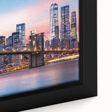 Extra large framed canvas of textured, colorful Manhattan skyline on black background, ideal for living room decor.