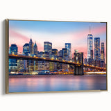 Framed canvas of vintage-style Manhattan skyline in black and gold tones, ideal for bedroom wall art.